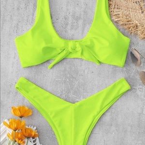 Zaful Neon Green Tie Front, High Rise Bikini Set